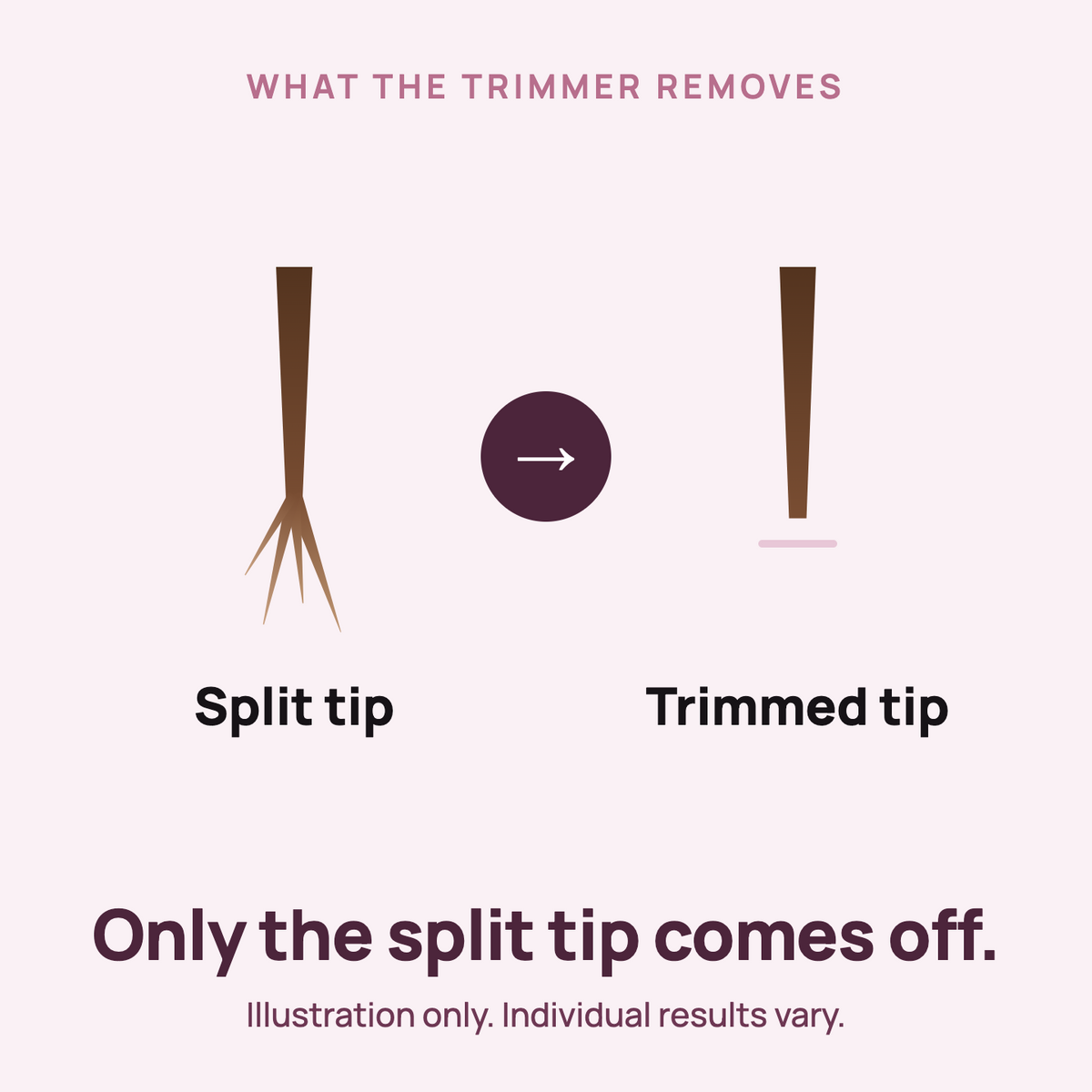 A frayed split tip beside a clean trimmed tip — the split tip is what comes off