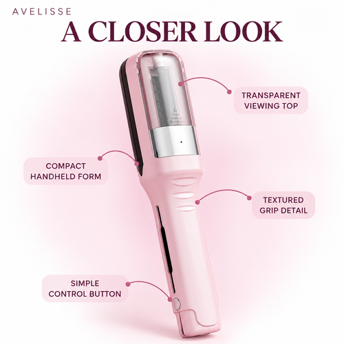 A closer look at the trimmer's viewing top, textured grip and control button