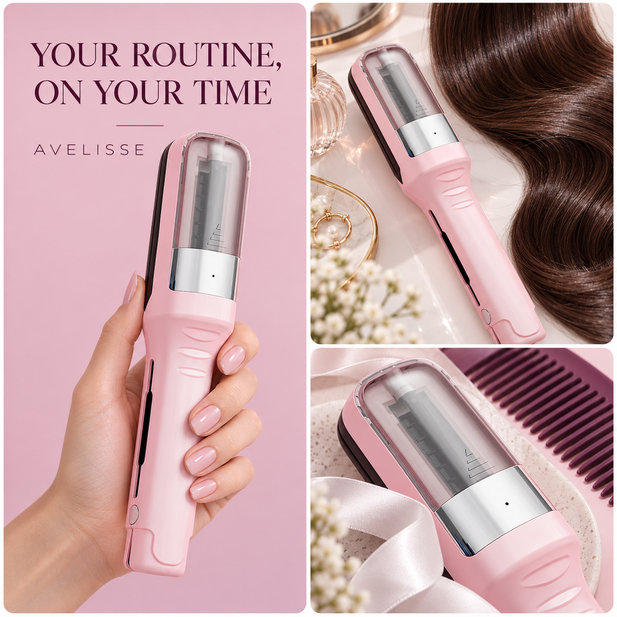 The trimmer held in one hand, shown beside brushed-out hair